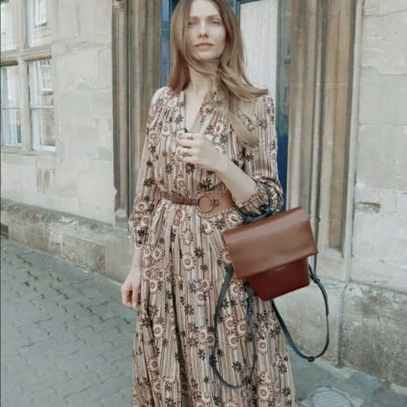 Red Camel Printed Floral Stripe Poplin Midi Dress - Picture 6 of 13